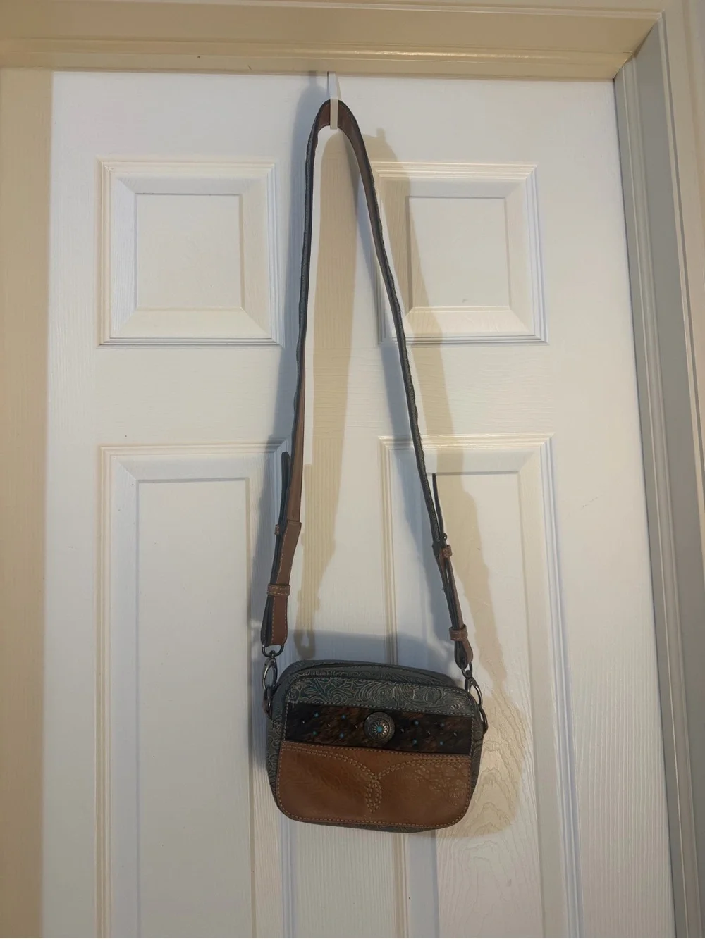 Justin Brown Tooled Leather & Turquoise Crossbody Bag